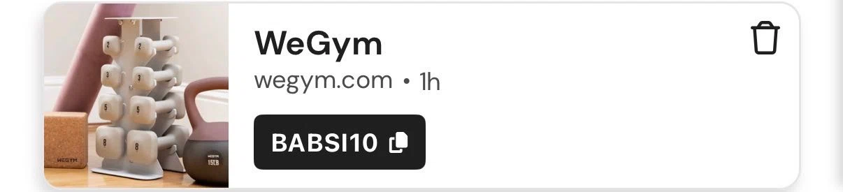 WeGym discount code screenshot showing code BABSI10 applied at WeGym checkout page. Uploaded by SimplyCodes community member WiseLegend2616 on Jan 7, 2026