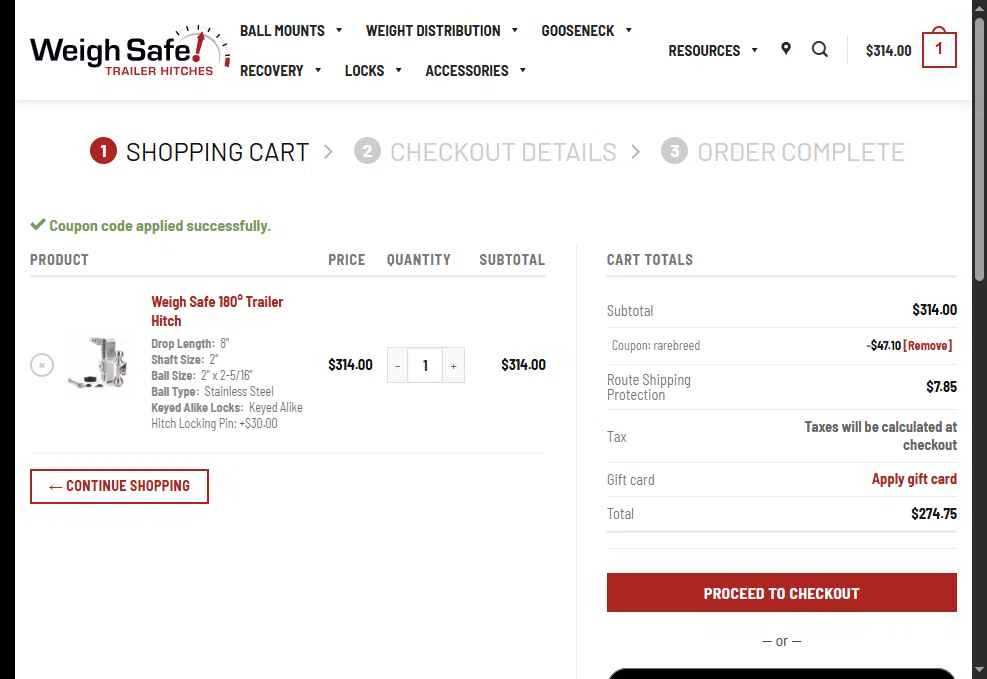 Weigh Safe checkout page showing Weigh Safe coupon code box | Screenshot taken by SimplyCodes community member on Dec 31, 2025