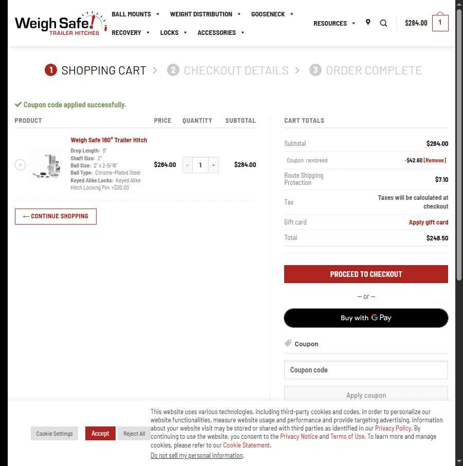 Weigh Safe checkout page showing Weigh Safe coupon code box | Screenshot taken by SimplyCodes community member on Jan 29, 2026