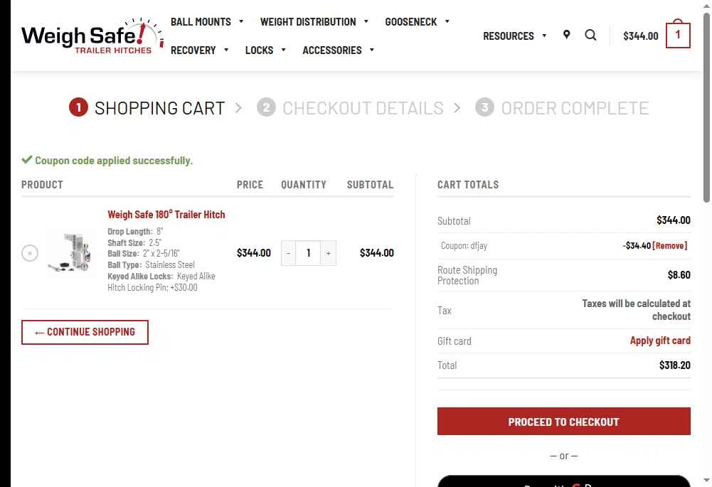 Weigh Safe checkout page showing Weigh Safe coupon code box | Screenshot taken by SimplyCodes community member on Jan 7, 2026