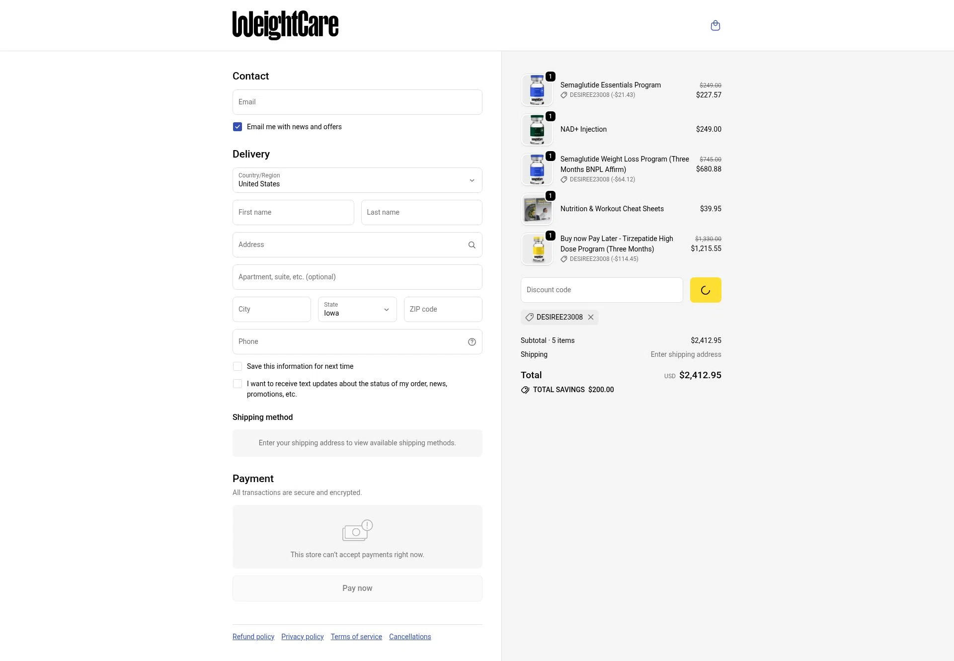 WeightCare checkout page showing WeightCare discount code box | Screenshot taken by SimplyCodes community member on Jan 8, 2026