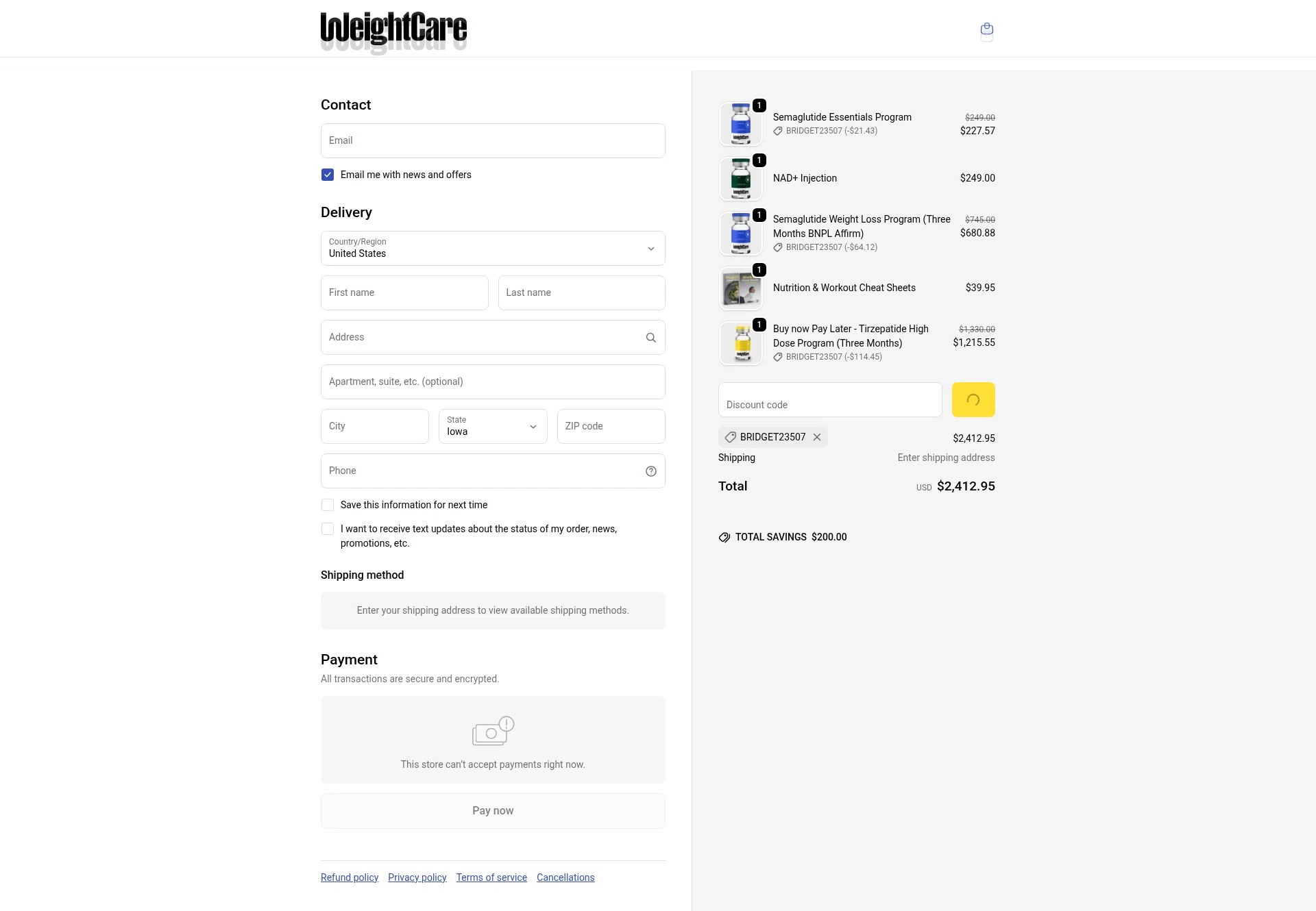 WeightCare checkout page showing WeightCare discount code box | Screenshot taken by SimplyCodes community member on Jan 3, 2026