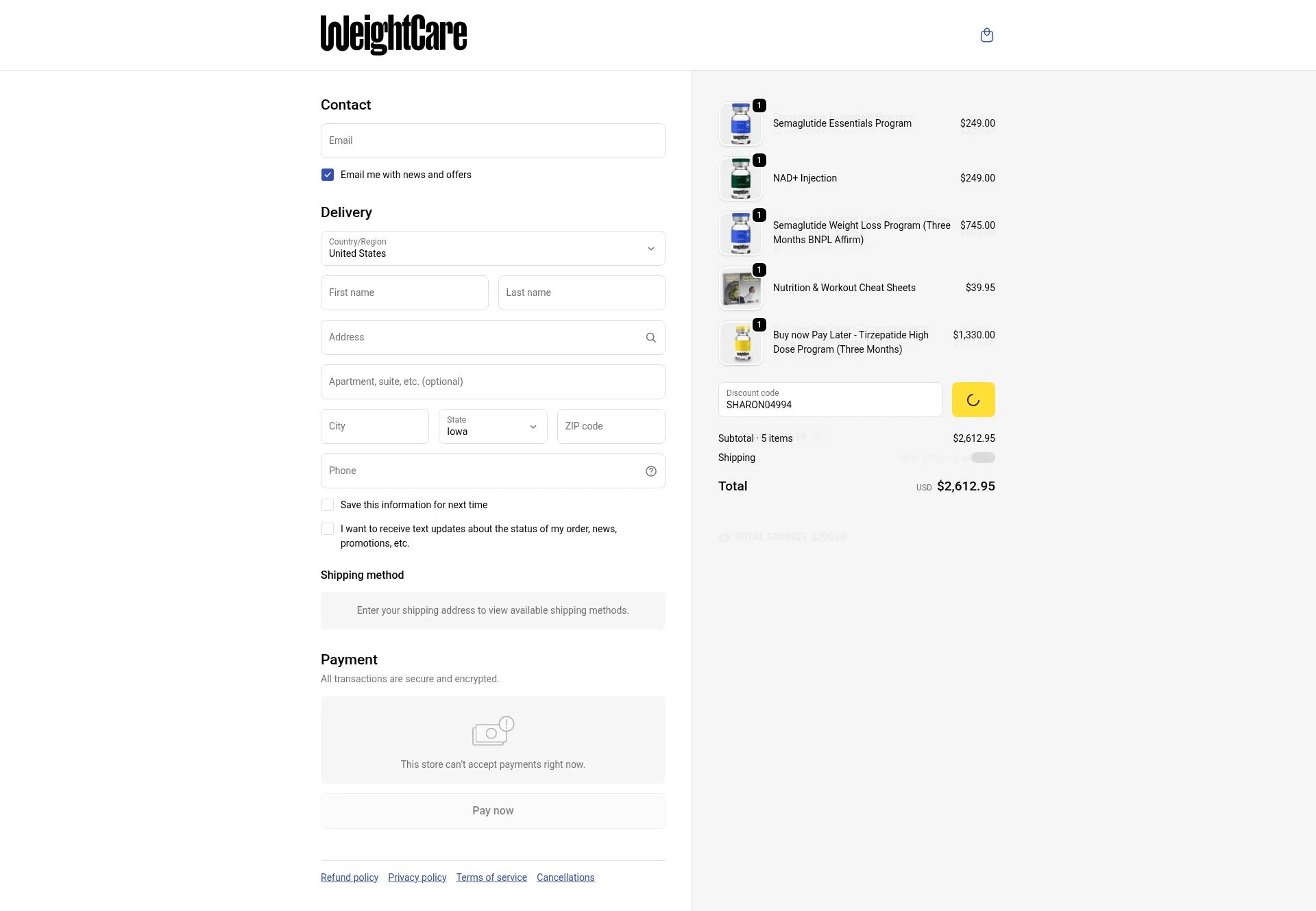WeightCare checkout page showing WeightCare discount code box | Screenshot taken by SimplyCodes community member on Jan 8, 2026