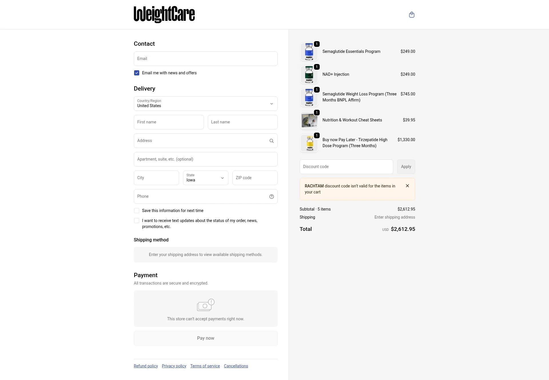 WeightCare checkout page showing WeightCare discount code box | Screenshot taken by SimplyCodes community member on Jan 8, 2026