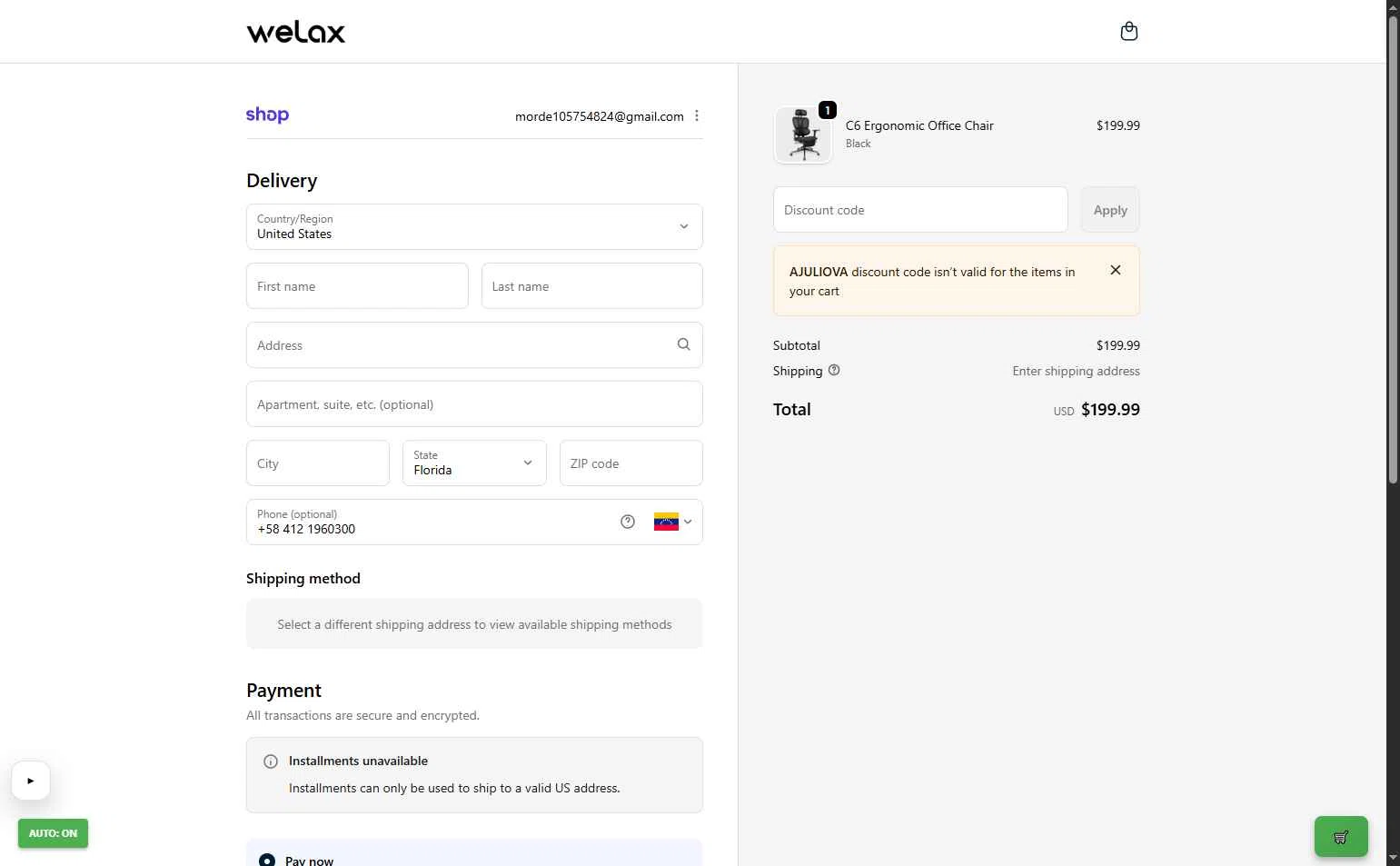 WELAX checkout page showing WELAX discount code box | Screenshot taken by SimplyCodes community member on Jan 10, 2026