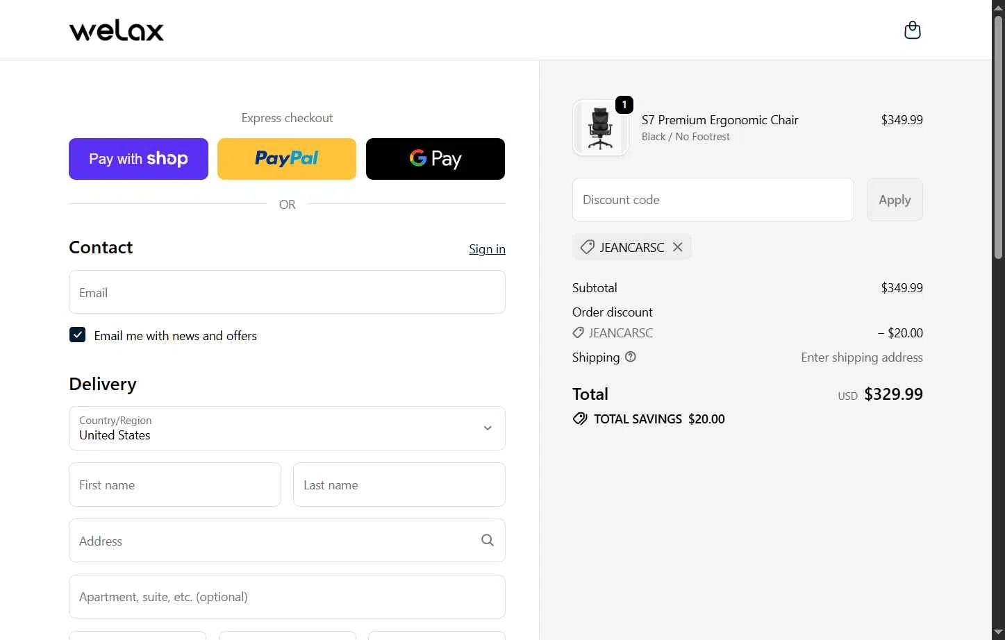 WELAX checkout page showing WELAX discount code box | Screenshot taken by SimplyCodes community member on Jan 10, 2026