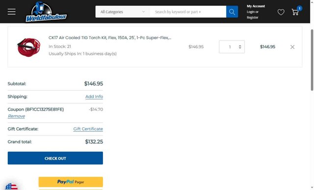 Weldfabulous checkout page showing Weldfabulous promo code box | Screenshot taken by SimplyCodes community member on Aug 7, 2025