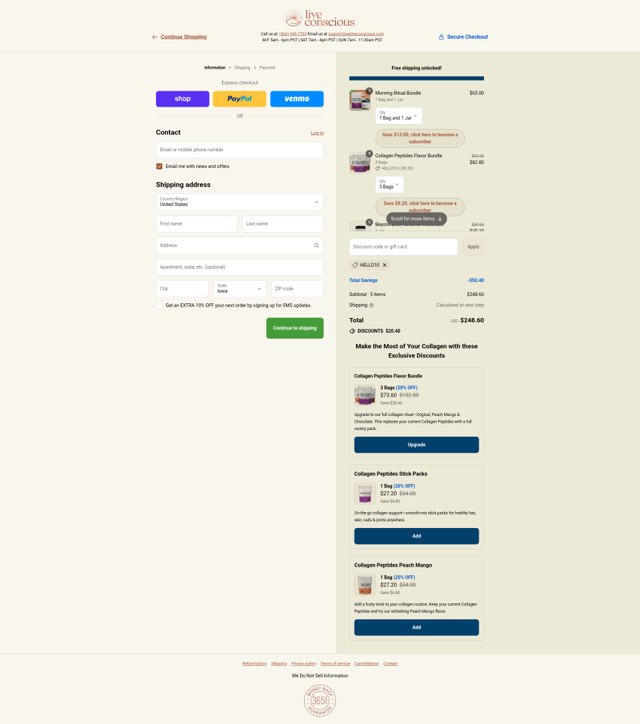 Live Conscious checkout page showing Live Conscious discount code box | Screenshot taken by SimplyCodes community member on Sep 6, 2025
