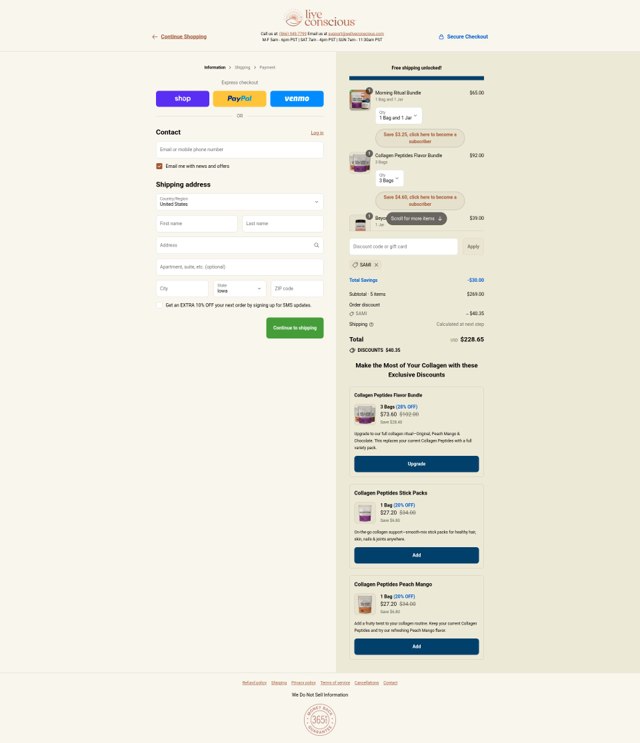 Live Conscious checkout page showing Live Conscious discount code box | Screenshot taken by SimplyCodes community member on Sep 7, 2025