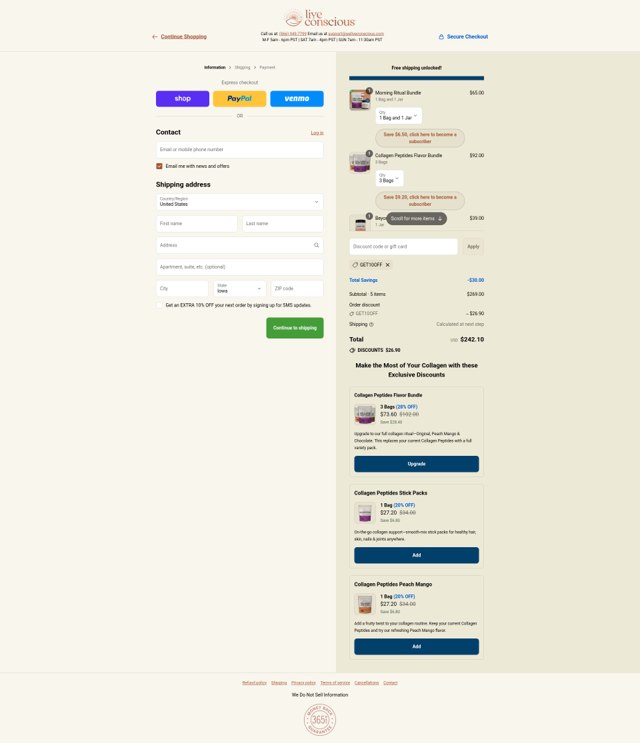 Live Conscious checkout page showing Live Conscious discount code box | Screenshot taken by SimplyCodes community member on Sep 6, 2025