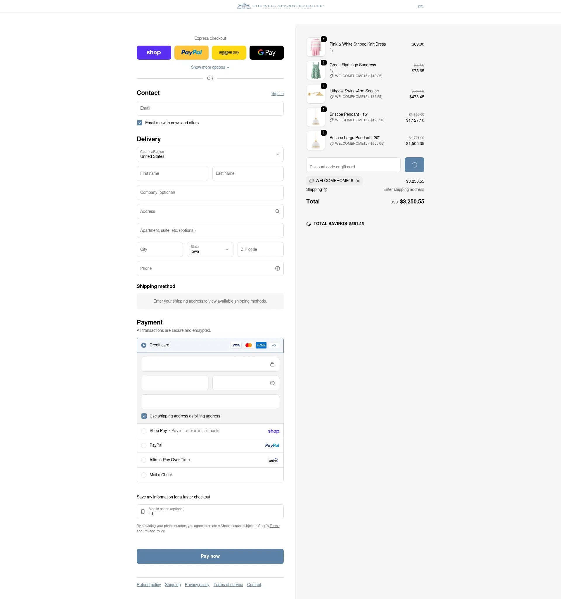Well Appointed House checkout page showing Well Appointed House promo code box | Screenshot taken by SimplyCodes community member on Feb 1, 2026