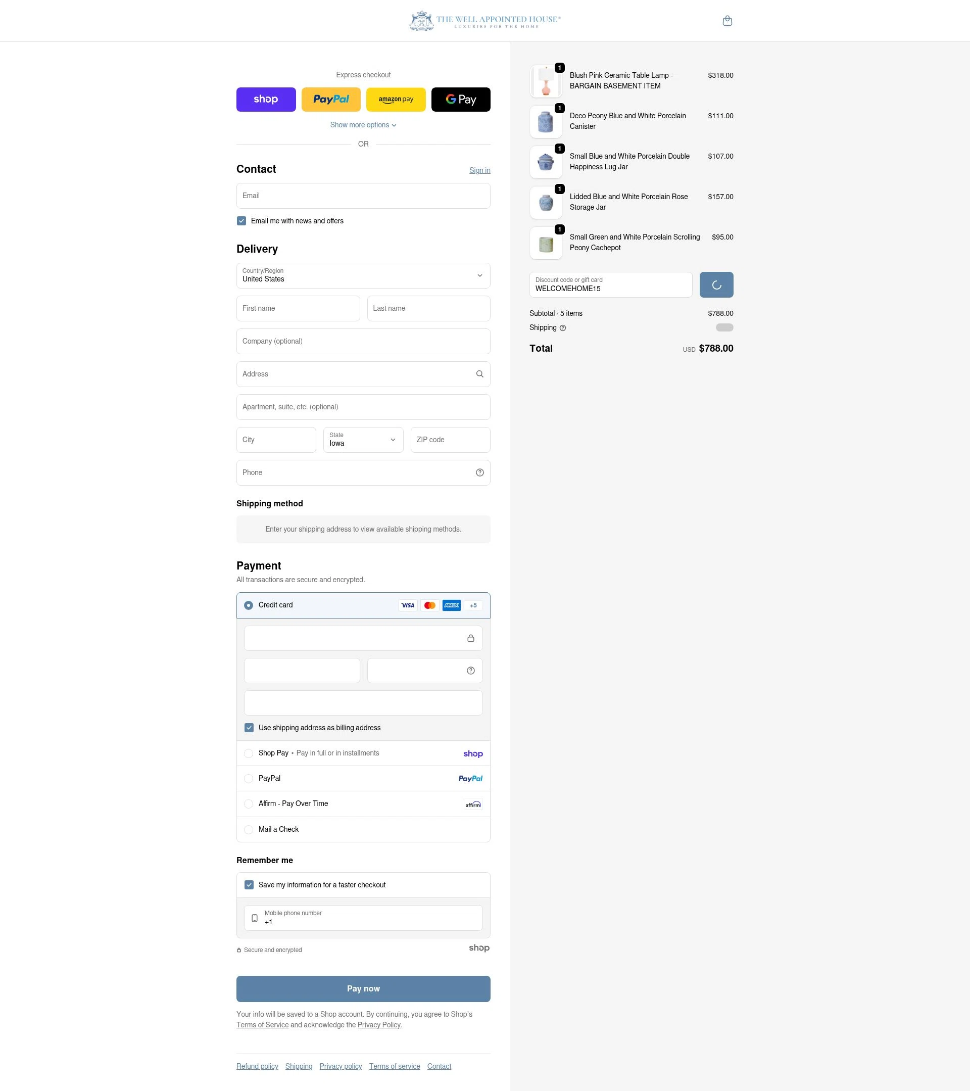 Well Appointed House checkout page showing Well Appointed House promo code box | Screenshot taken by SimplyCodes community member on Jan 27, 2026