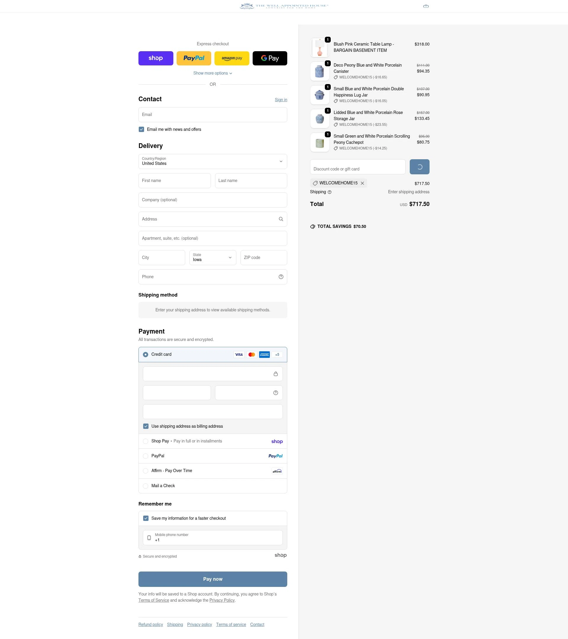 Well Appointed House checkout page showing Well Appointed House promo code box | Screenshot taken by SimplyCodes community member on Jan 23, 2026