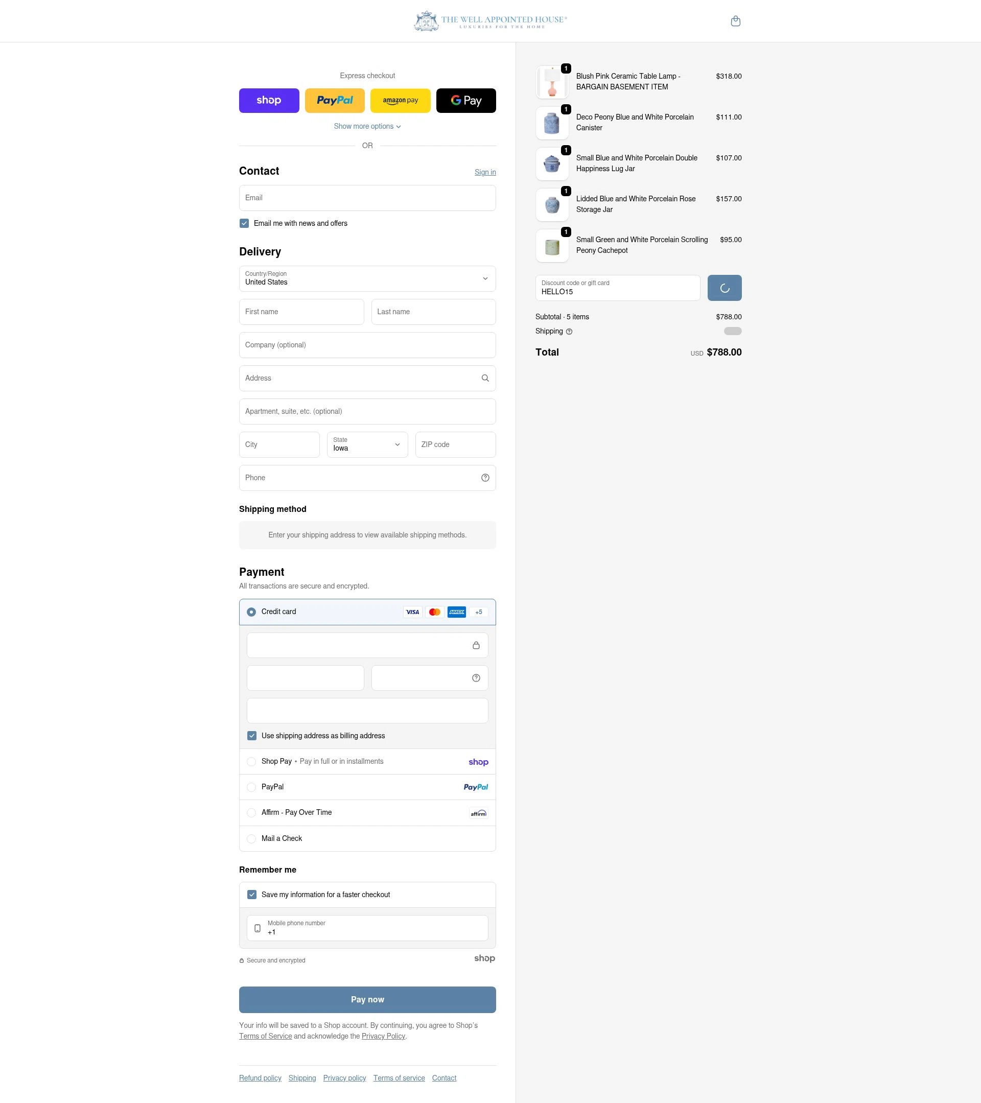 Well Appointed House checkout page showing Well Appointed House promo code box | Screenshot taken by SimplyCodes community member on Jan 27, 2026