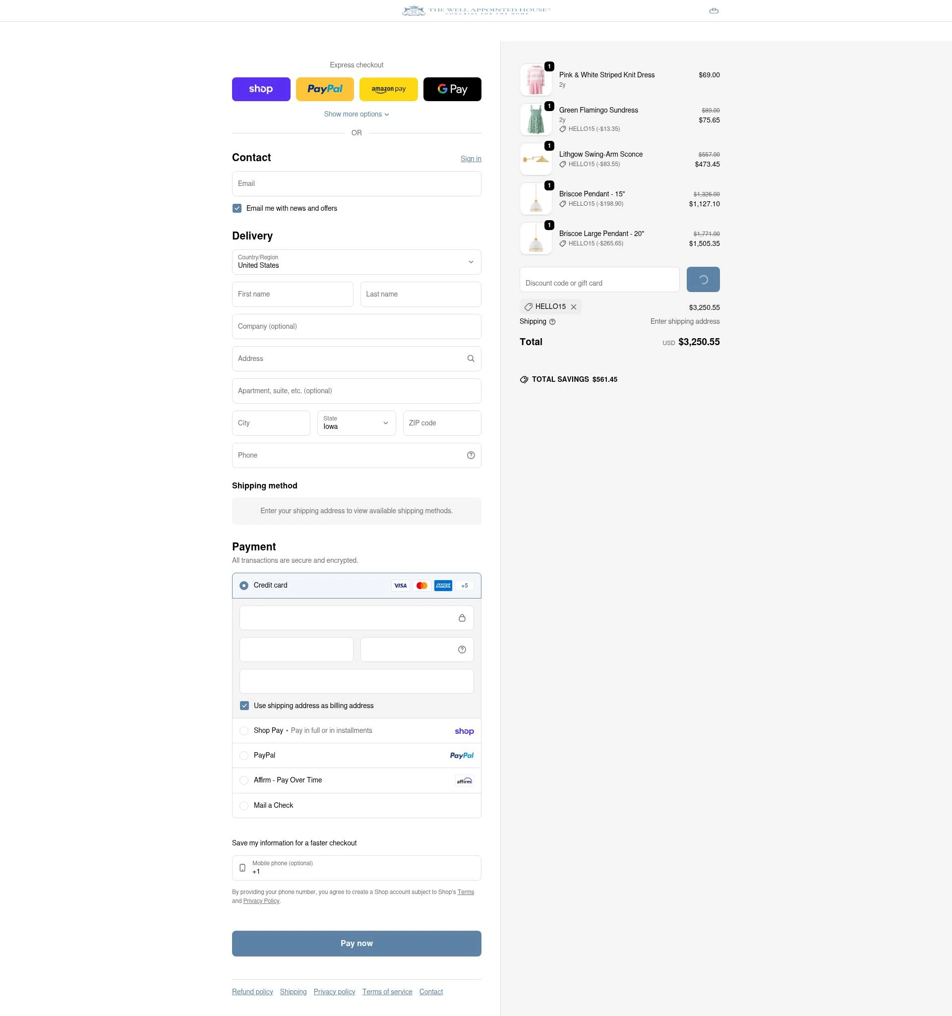 Well Appointed House checkout page showing Well Appointed House promo code box | Screenshot taken by SimplyCodes community member on Feb 1, 2026
