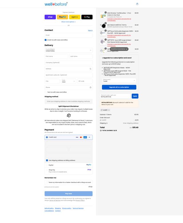 Wellbefore (formerly Honest PPE Supply) checkout page showing Wellbefore (formerly Honest PPE Supply) promo code box | Screenshot taken by SimplyCodes community member on Sep 10, 2025