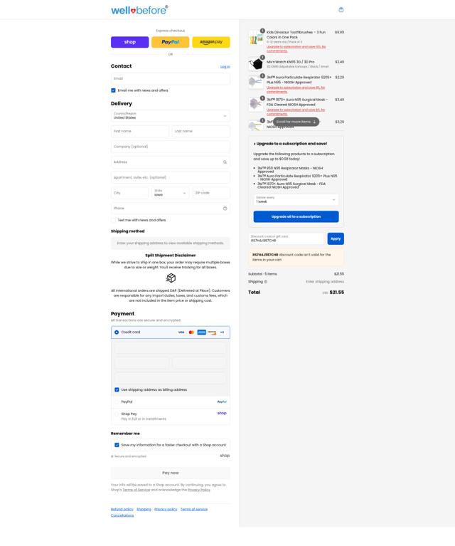 Wellbefore (formerly Honest PPE Supply) checkout page showing Wellbefore (formerly Honest PPE Supply) promo code box | Screenshot taken by SimplyCodes community member on Sep 1, 2025
