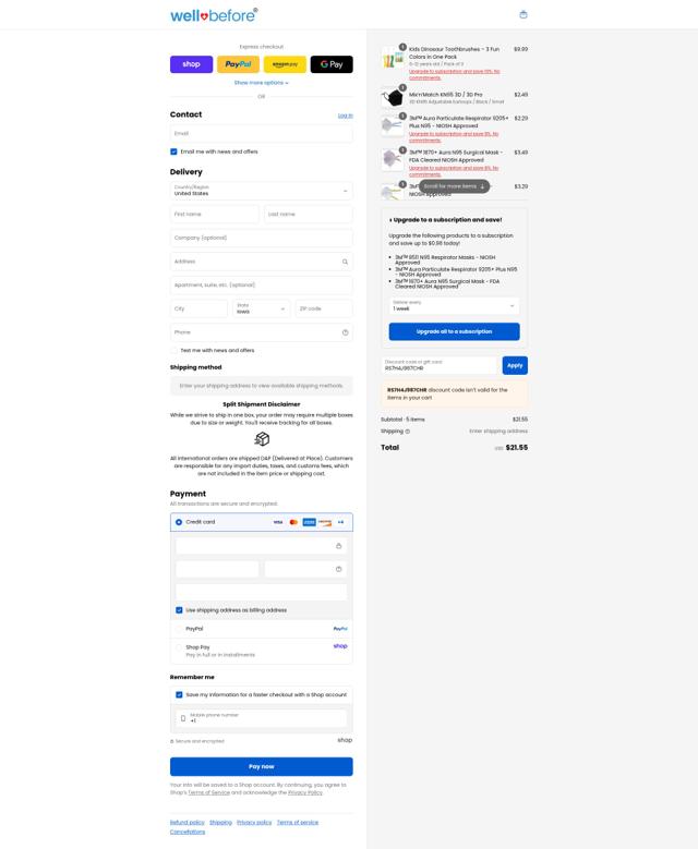 Wellbefore (formerly Honest PPE Supply) checkout page showing Wellbefore (formerly Honest PPE Supply) promo code box | Screenshot taken by SimplyCodes community member on Sep 6, 2025