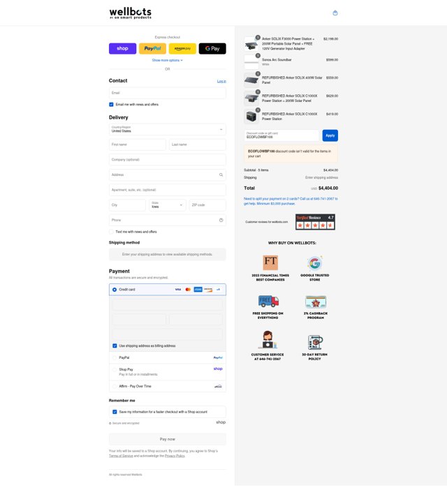 Wellbots checkout page showing Wellbots discount code box | Screenshot taken by SimplyCodes community member on Sep 6, 2025