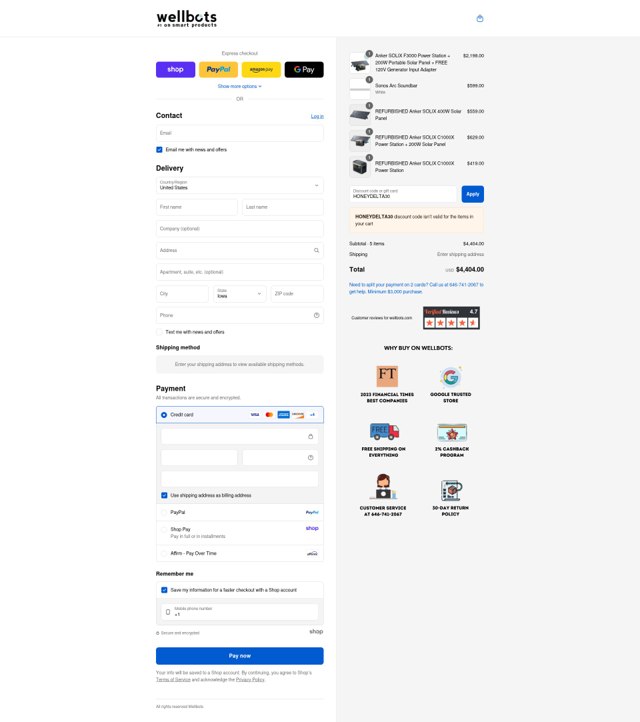 Wellbots checkout page showing Wellbots discount code box | Screenshot taken by SimplyCodes community member on Sep 6, 2025