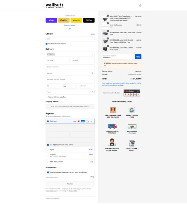 Wellbots checkout page showing Wellbots discount code box | Screenshot taken by SimplyCodes community member on Sep 6, 2025