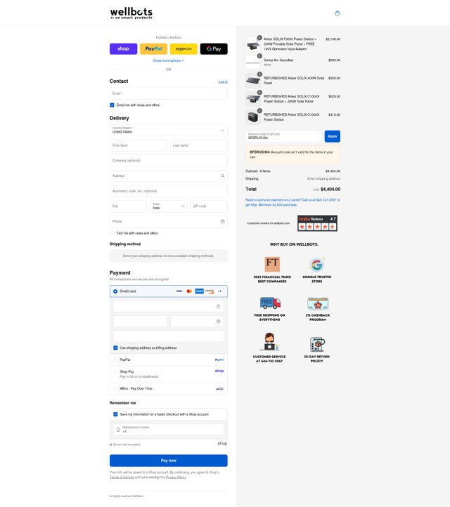Wellbots checkout page showing Wellbots discount code box | Screenshot taken by SimplyCodes community member on Sep 6, 2025