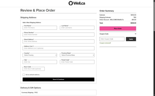 Well.ca checkout page showing Well.ca promo code box | Screenshot taken by SimplyCodes community member on Aug 30, 2025