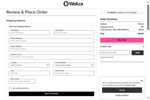 Well.ca checkout page showing Well.ca promo code box | Screenshot taken by SimplyCodes community member on Aug 15, 2025