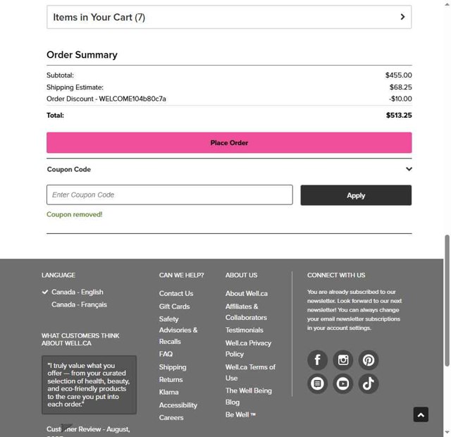 Well.ca checkout page showing Well.ca promo code box | Screenshot taken by SimplyCodes community member on Aug 21, 2025