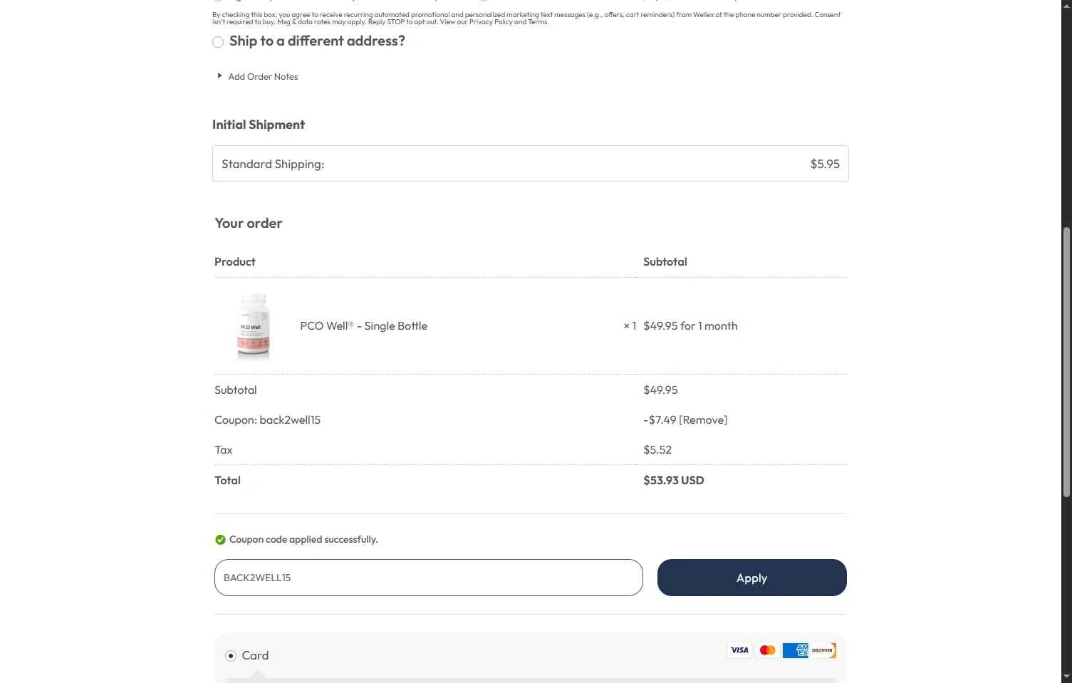 Wellex Wellness checkout page showing Wellex Wellness promo code box | Screenshot taken by SimplyCodes community member on Sep 22, 2025