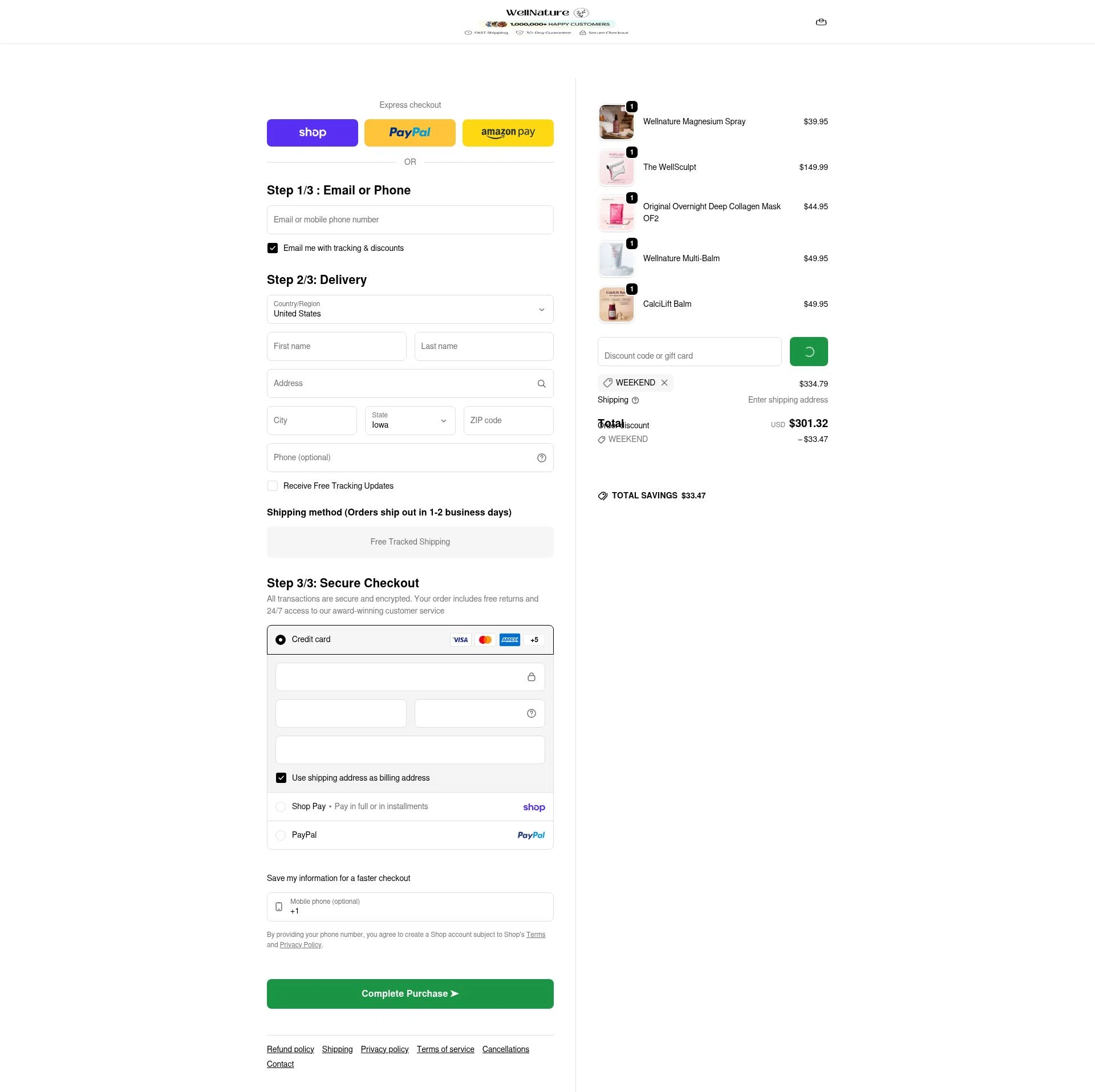 WellNature checkout page showing WellNature discount code box | Screenshot taken by SimplyCodes community member on Feb 20, 2026