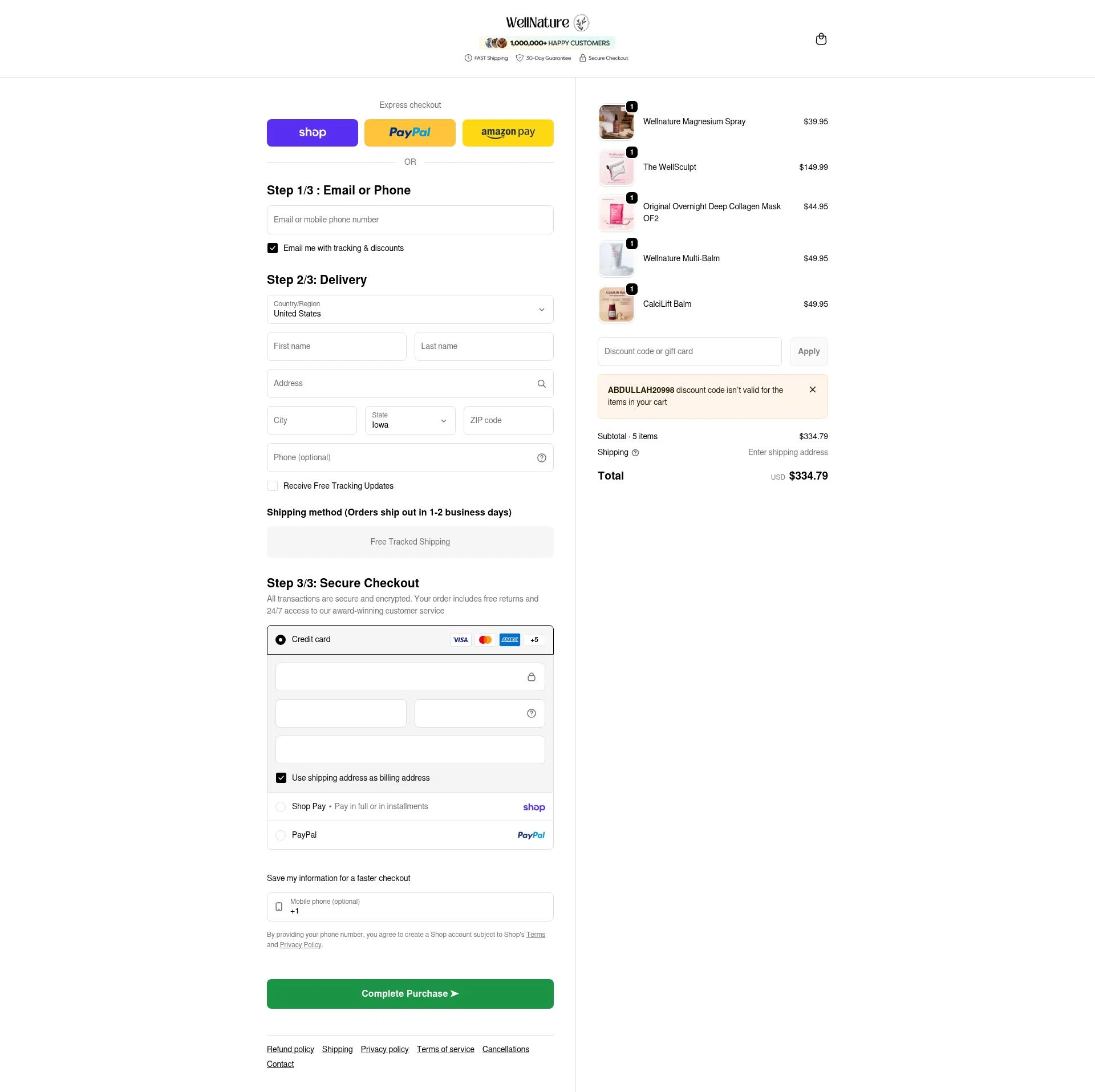 WellNature checkout page showing WellNature discount code box | Screenshot taken by SimplyCodes community member on Feb 20, 2026