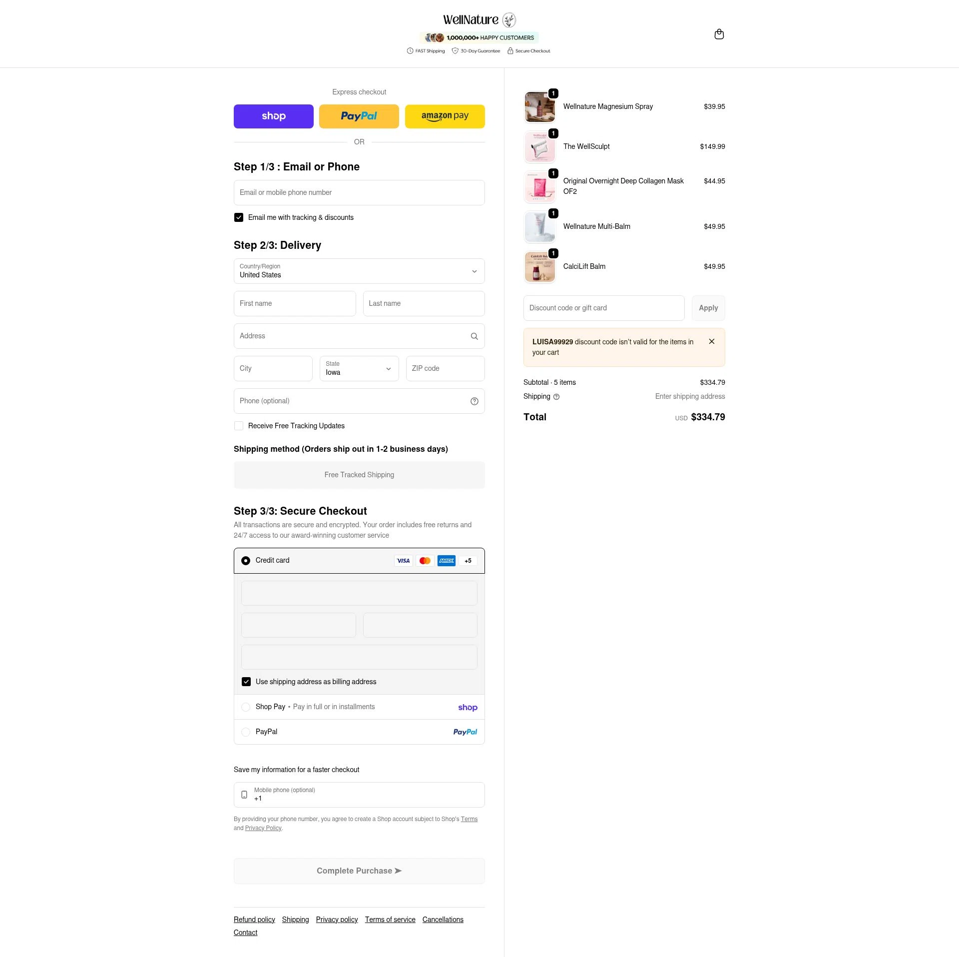 WellNature checkout page showing WellNature discount code box | Screenshot taken by SimplyCodes community member on Feb 20, 2026