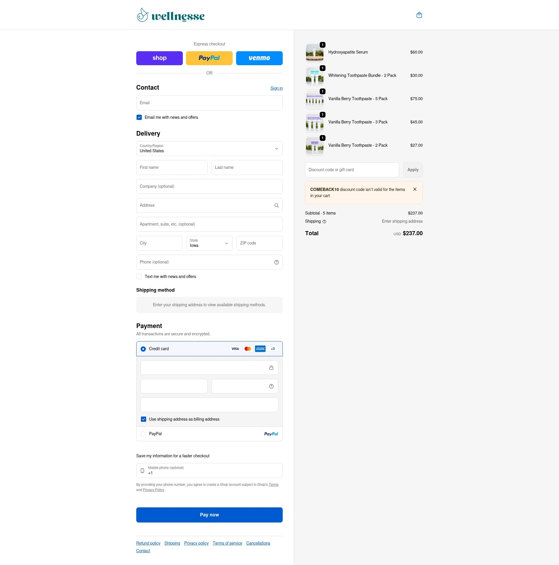 Wellnesse checkout page showing Wellnesse coupon code box | Screenshot taken by SimplyCodes community member on Feb 2, 2026