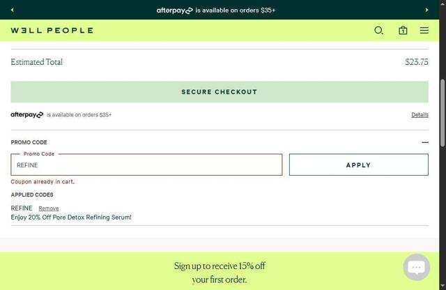 Well People checkout page showing Well People promo code box | Screenshot taken by SimplyCodes community member on Aug 23, 2025