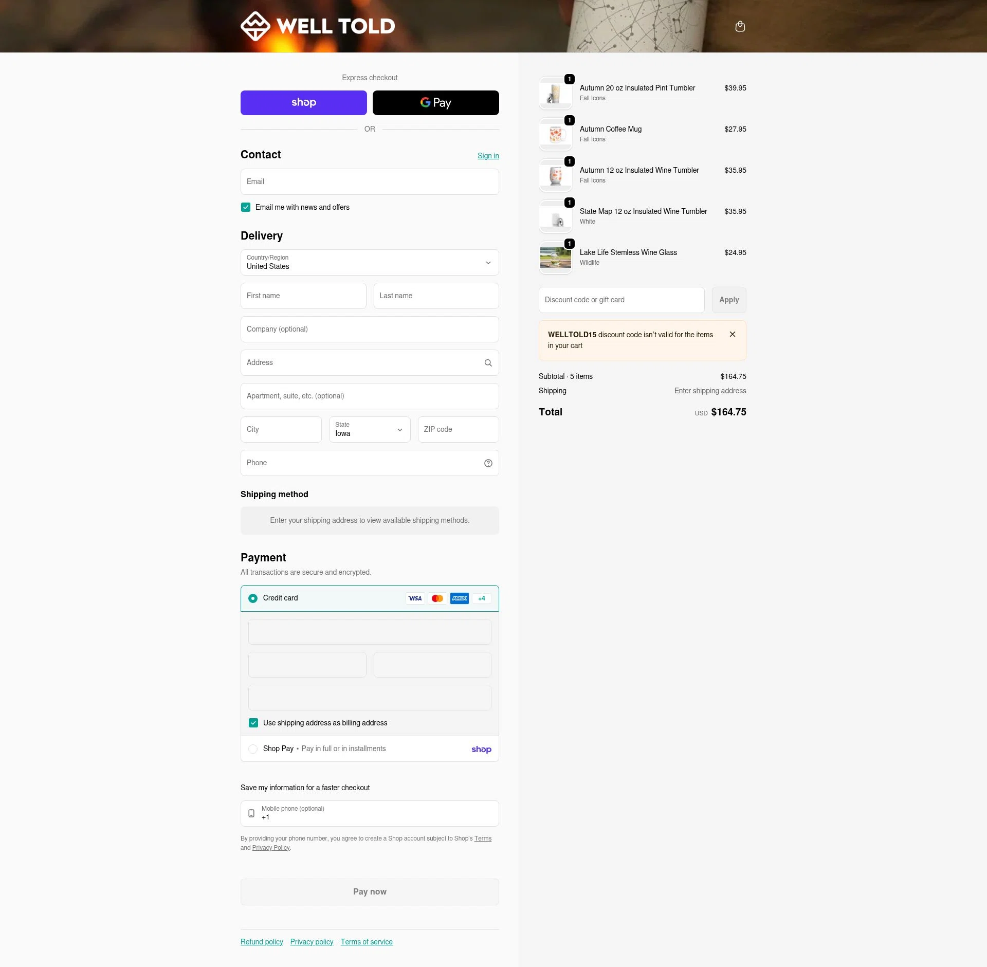 Well Told checkout page showing Well Told discount code box | Screenshot taken by SimplyCodes community member on Feb 4, 2026