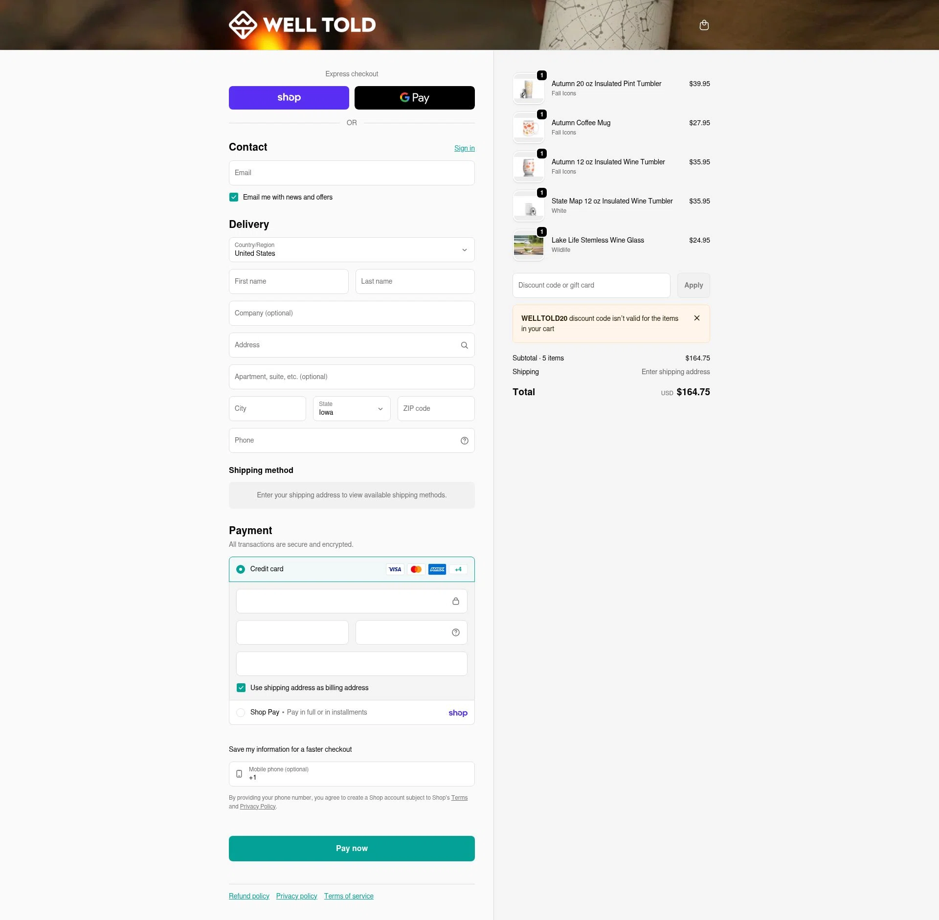 Well Told checkout page showing Well Told discount code box | Screenshot taken by SimplyCodes community member on Feb 4, 2026