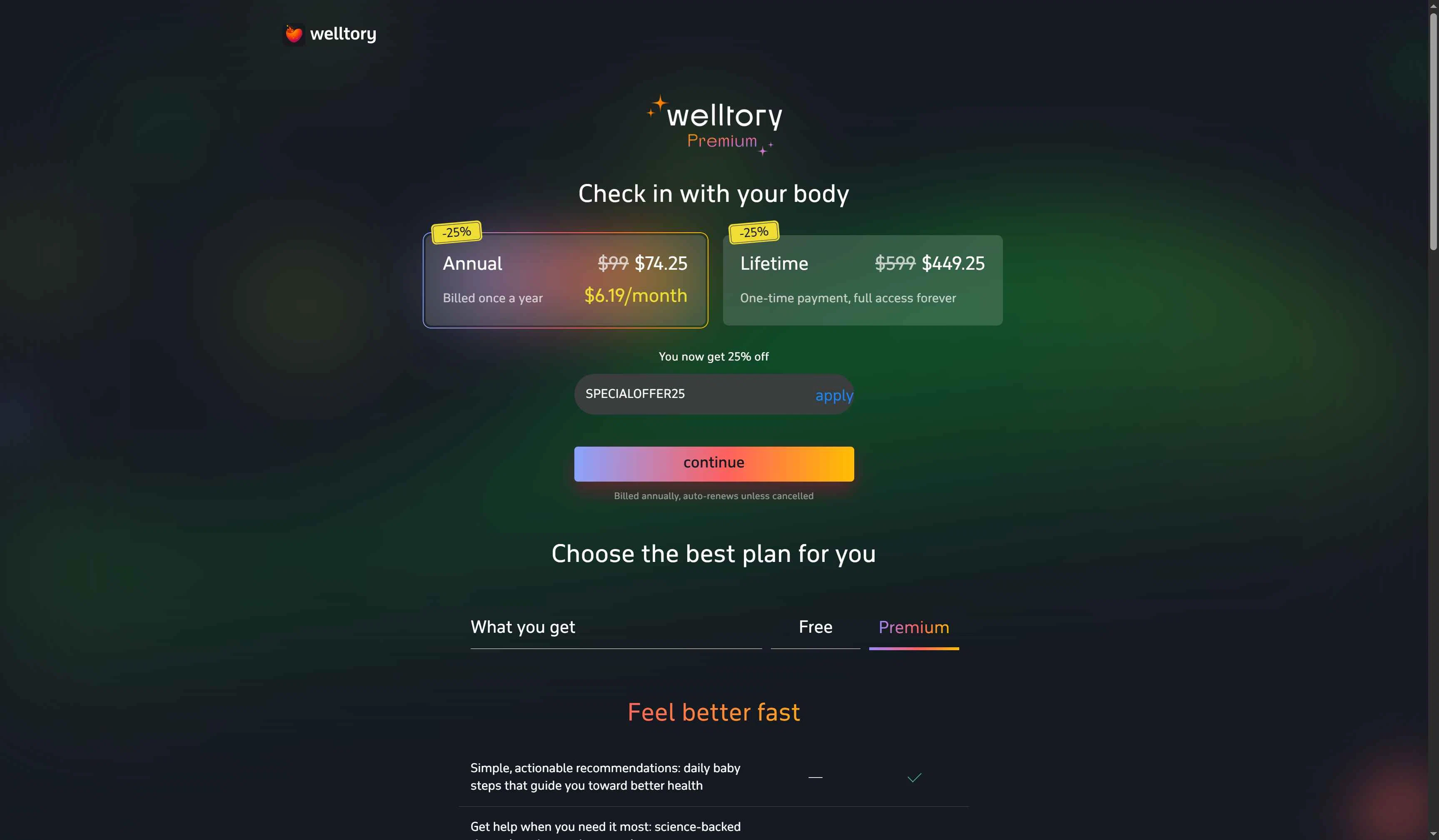Welltory checkout page showing Welltory promo code box | Screenshot taken by SimplyCodes community member on Jan 29, 2026