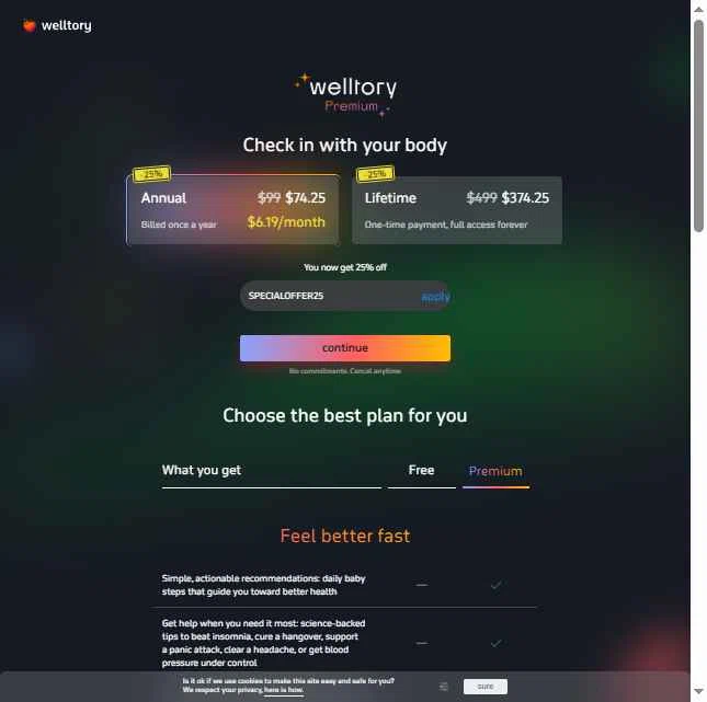 Welltory checkout page showing Welltory promo code box | Screenshot taken by SimplyCodes community member on Oct 30, 2025