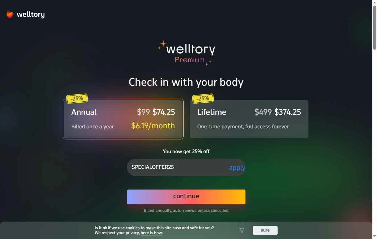 Welltory checkout page showing Welltory promo code box | Screenshot taken by SimplyCodes community member on Dec 8, 2025