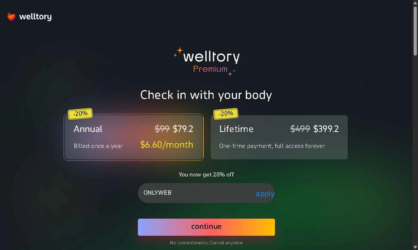 Welltory checkout page showing Welltory promo code box | Screenshot taken by SimplyCodes community member on Oct 24, 2025