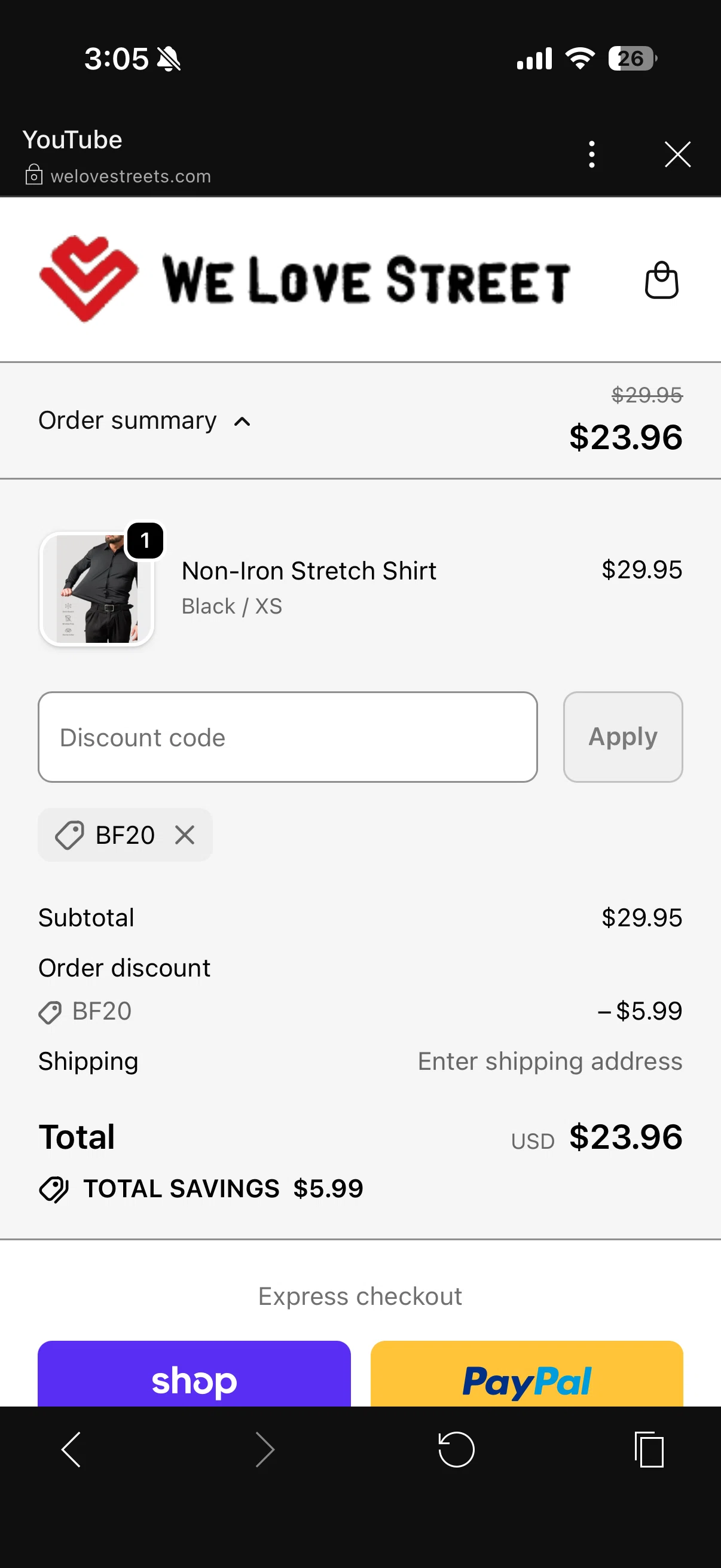 We Love Street discount code screenshot showing code BF20 applied at We Love Street checkout page. Uploaded by SimplyCodes community member Drazivi on Dec 9, 2025