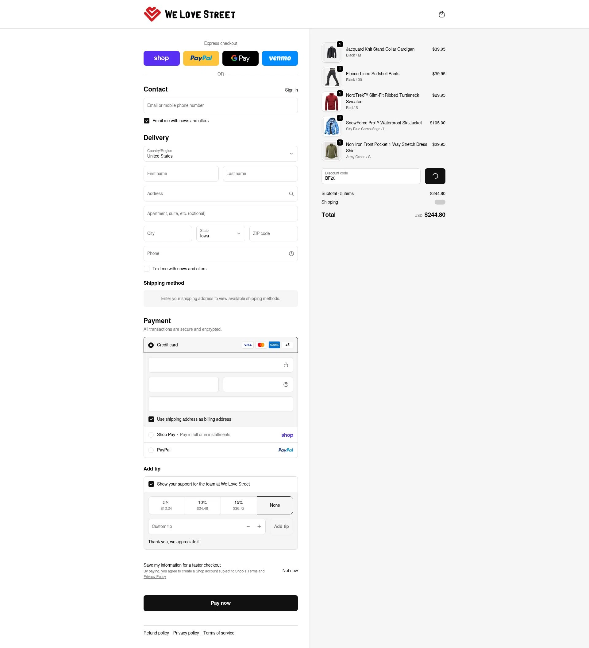 We Love Street checkout page showing We Love Street discount code box | Screenshot taken by SimplyCodes community member on Feb 17, 2026