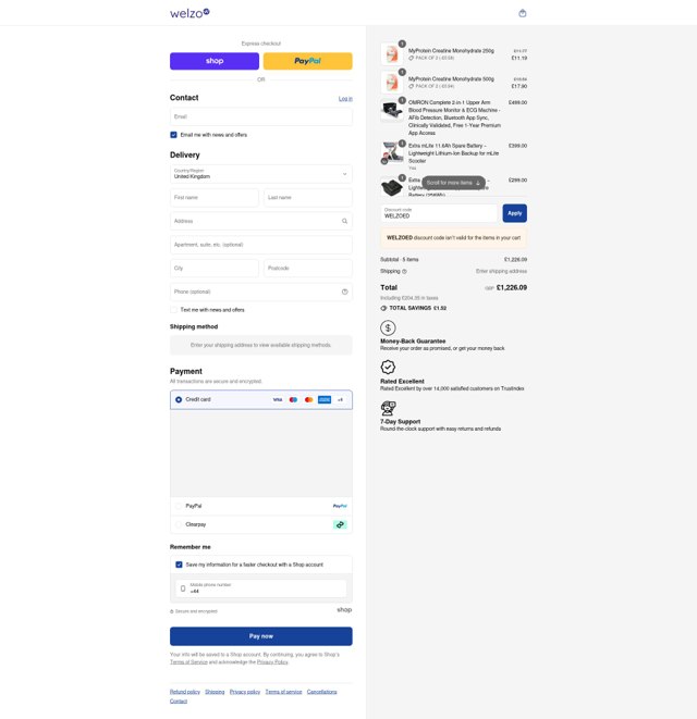 Welzo checkout page showing Welzo discount code box | Screenshot taken by SimplyCodes community member on Sep 8, 2025