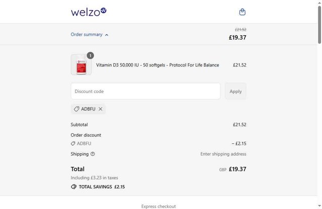 Welzo checkout page showing Welzo discount code box | Screenshot taken by SimplyCodes community member on Sep 8, 2025