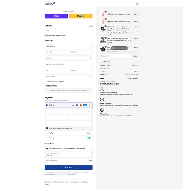 Welzo checkout page showing Welzo discount code box | Screenshot taken by SimplyCodes community member on Sep 8, 2025
