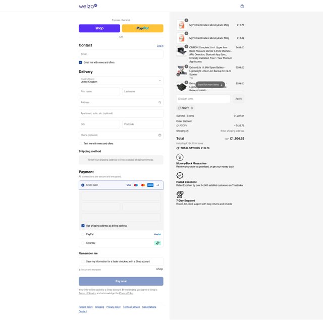 Welzo checkout page showing Welzo discount code box | Screenshot taken by SimplyCodes community member on Sep 8, 2025