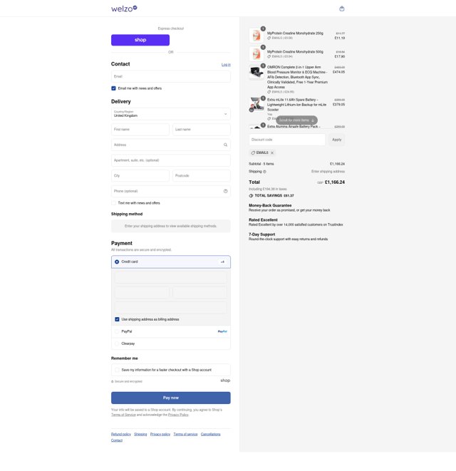 Welzo checkout page showing Welzo discount code box | Screenshot taken by SimplyCodes community member on Sep 8, 2025