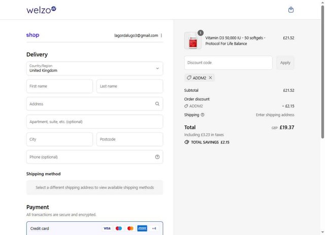 Welzo checkout page showing Welzo discount code box | Screenshot taken by SimplyCodes community member on Sep 8, 2025