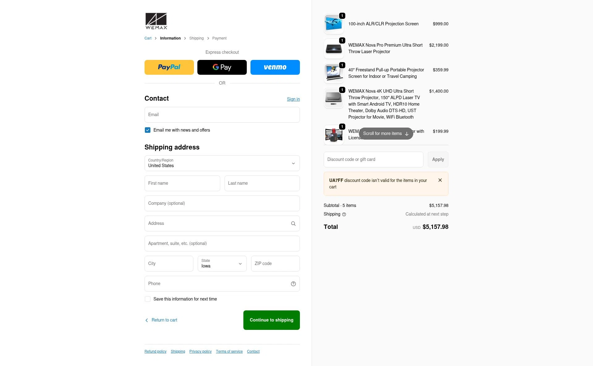 WEMAX checkout page showing WEMAX discount code box | Screenshot taken by SimplyCodes community member on Jan 5, 2026